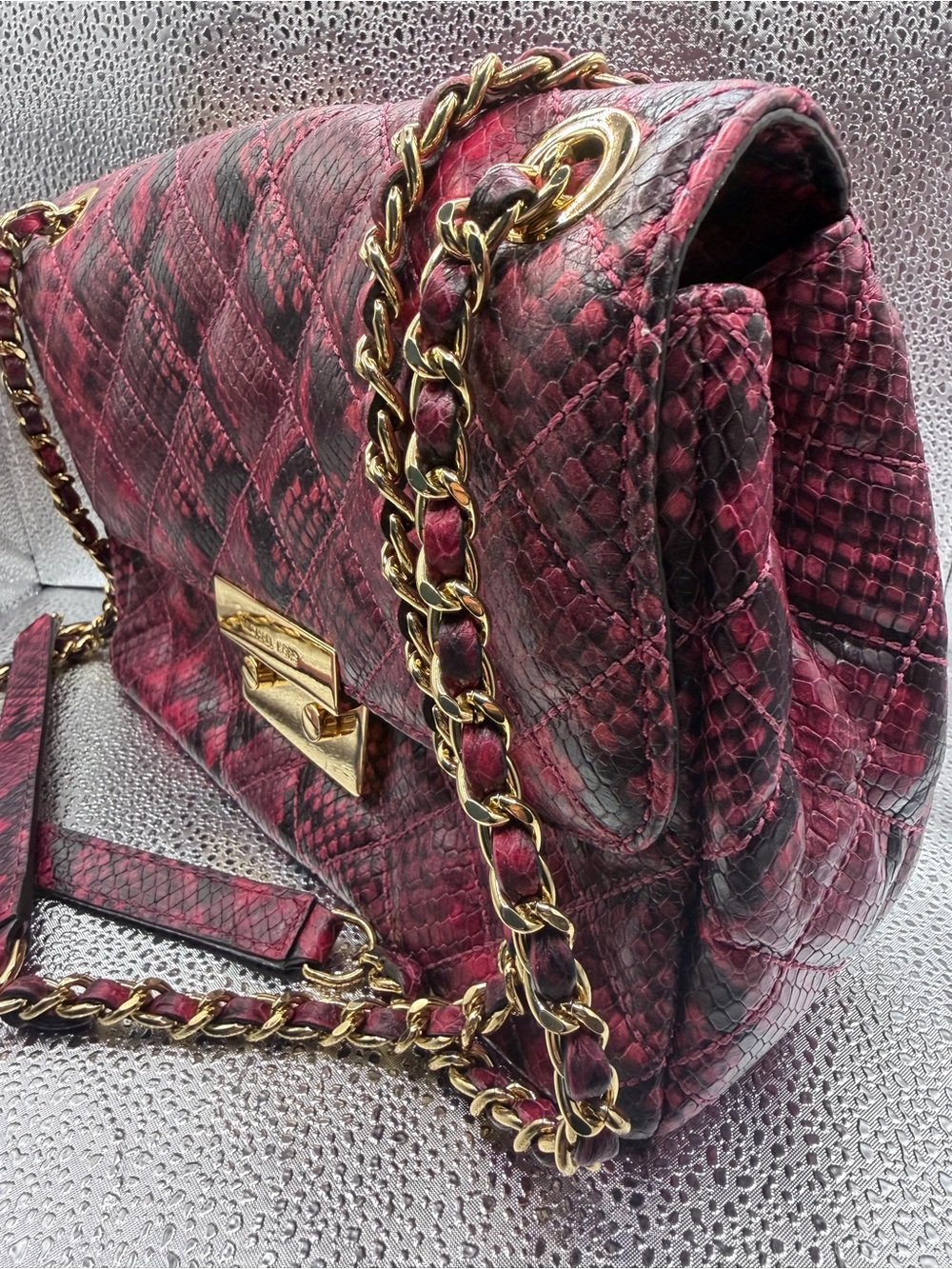 Michael Kors Sloan Large Quilted Fuscia Python Embossed Leather Shoulder Bag